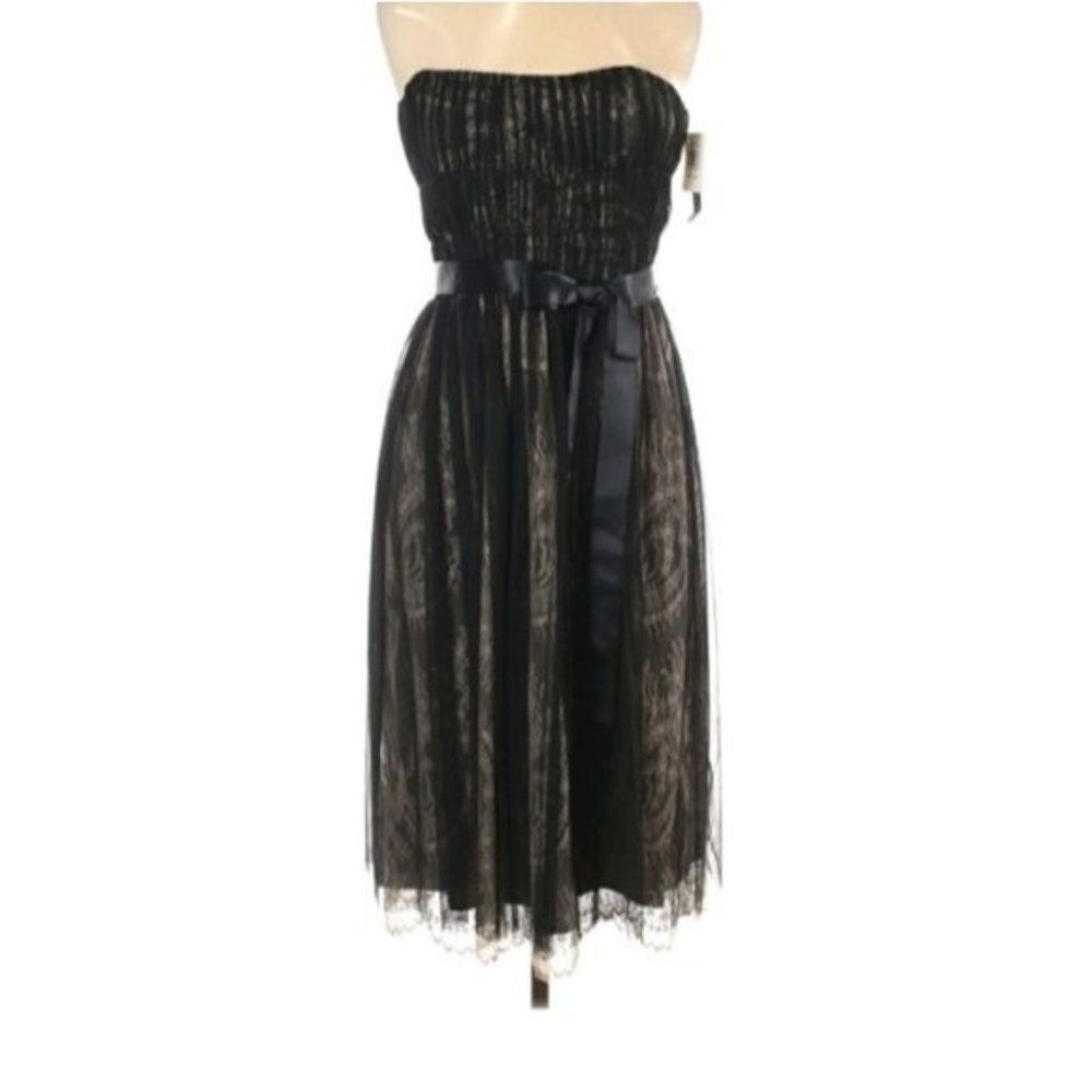 David Meister Strapless Cocktail Lace Layered Dress Cocktail Party Dinner Black